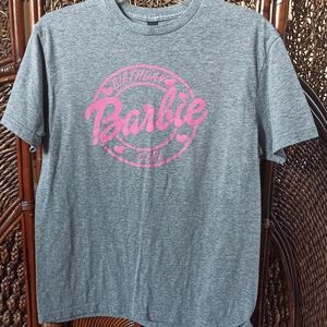 Gildan Gray and Pink Short Sleeve Tee with Barbie Logo - Weird Barbie